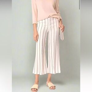 Theory Nadeema Wide Leg Striped Crop Linen Pants in Cream/Maroon Stripe - 8